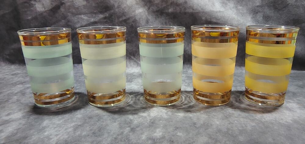 5 MCM Tumbler Juice Glasses Frosted Colors And Gold Stripes Rare
